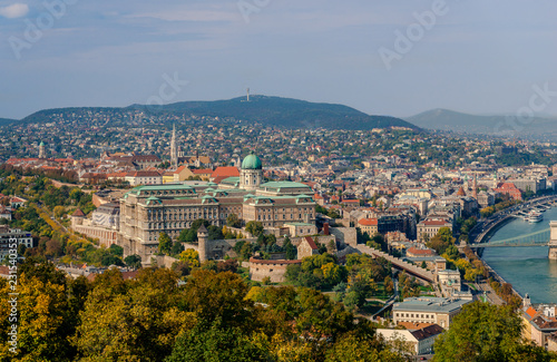 View of the Castle Hill, from the Gellert Hill, in Budapest, Hungary. The Castle of Buda dominates the picture.