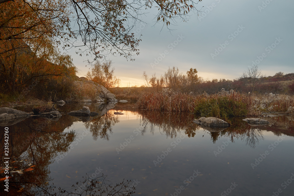 Obraz premium reflection of dusk and trees in water