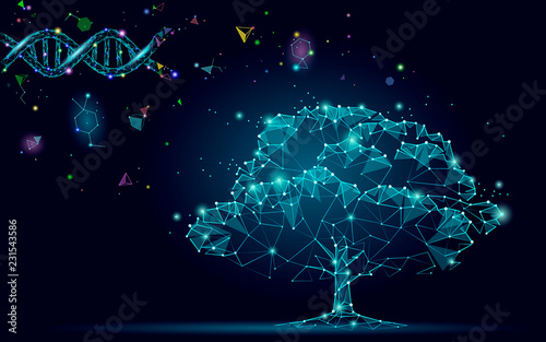 DNA evolution abstract tree. Ecology nature gene innovation technology business concept. GMO gene engineering plant organic science medical research. 3d render starry space vector illustration