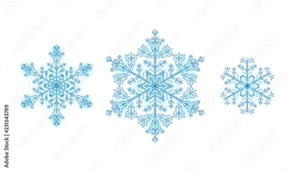 Polygonal low poly festive snowflake. Isolated 3D detailed render geometric triangle greeting card. Ice snow crystal light sparkle Christmas New Year template vector illustration Polygonal low poly festive snowflake. Isolated 3D detailed render geometric triangle greeting card. Ice snow crystal light sparkle Christmas New Year template vector illustration