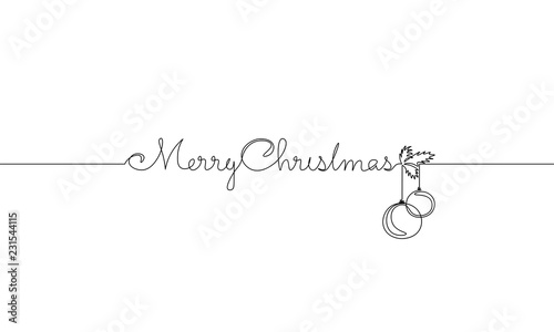 Merry Christmas single continuous line art. Holiday greeting card decoration christmas tree ball lettering silhouette concept design one sketch outline drawing vector illustration
