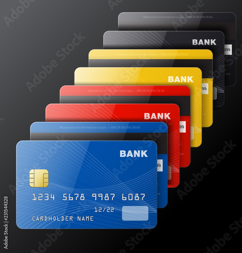 Set of credit cards isolated on black background. Vector illustration. EPS10.