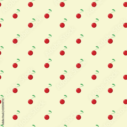 Vector seamless pattern with red cherry. Colorful backdrop. Berry background. Can be used for restaurant or cafe menu, design banners, wrapping paper, wallpaper, print for clothes or cover. Cute summe