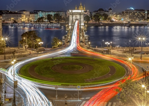 Canvas Print Night aerial view of the Chain Bridge and Danube in Budapest, Hungary, Europe with traffic lights of the city