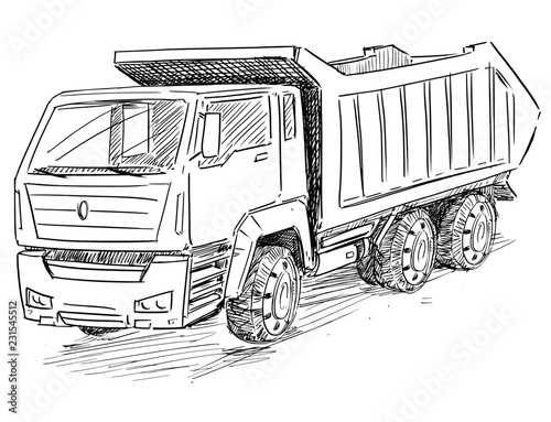 Vector artistic pen and ink sketch drawing illustration of Dump Truck