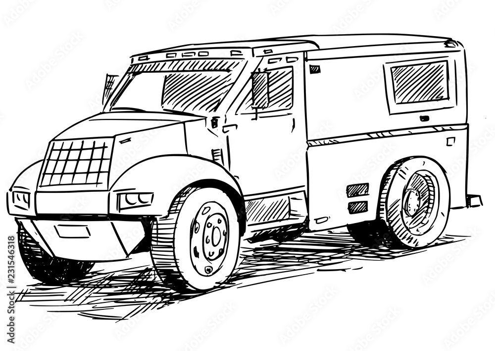 Fototapeta premium Vector artistic pen and ink sketch drawing illustration of Armored Truck