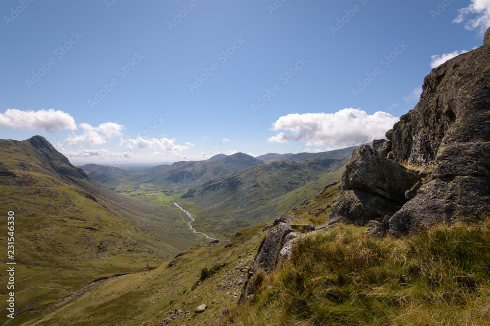 Beautiful view into the great Langdale valley from stake pass with river
