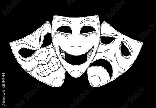 Vector artistic pen and ink drawing illustration of angry, happy and sad comedy mask on black background.