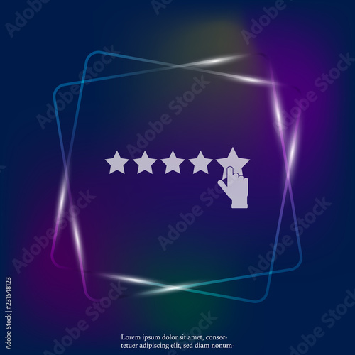 Vector neon light icon of customer feedback. The client's hand clicks on the asterisk. Customer review. Layers grouped for easy editing illustration. For your design.