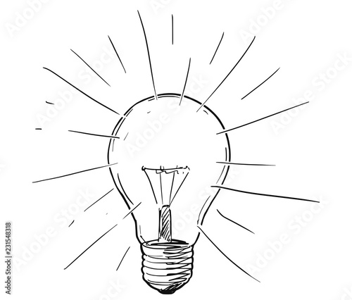 Vector artistic conceptual pen and ink sketch drawing illustration of shining or glowing light bulb.