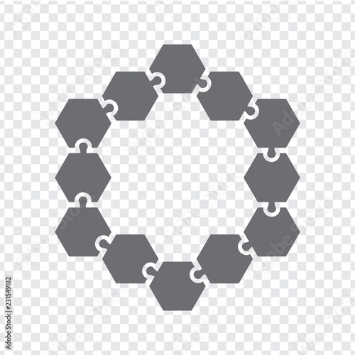 Simple icon hexagonal puzzles in gray. Simple icon puzzle of the twelve elements on transparent background. Flat design. Vector illustration EPS10.