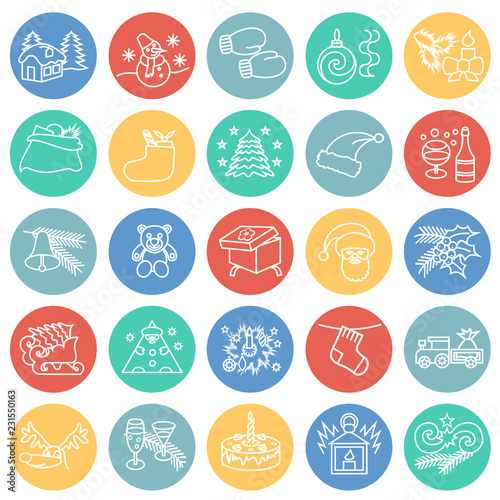 Christmas thin line set on color circles background icons