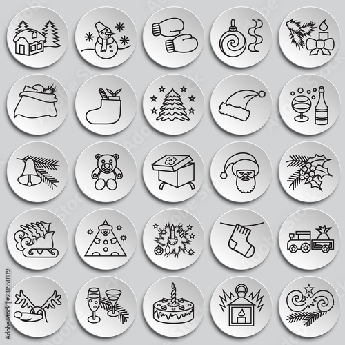 Christmas thin line set on plates background icons