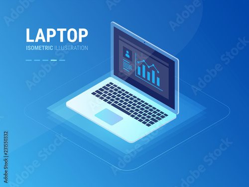 Laptop icon isometric vector illustration - user profile and experience statistics on the screen, UX UI concept