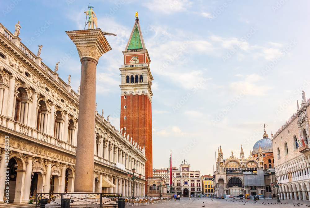 Fototapeta premium Piazza San Marco, Column of San Teodoro, National Library, Doge's Palace and St Mark's Basilica, Venice