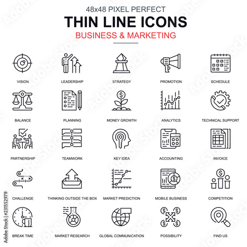 Thin line business and marketing icons set for website and mobile site and apps. Contains such Icons as Leadership, Vision, Accounting. 48x48 Pixel Perfect. Linear pictogram pack. Vector illustration.