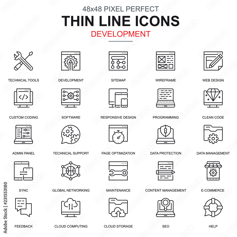 Thin line web design and development icons set for website and mobile site and apps. Contains such Icons as Software, Programming. 48x48 Pixel Perfect. Linear pictogram pack. Vector illustration.