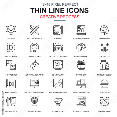 Thin line creative process and project workflow icons set for website and mobile site and apps. Contains such Icons as Media, Idea. 48x48 Pixel Perfect. Linear pictogram pack. Vector illustration.