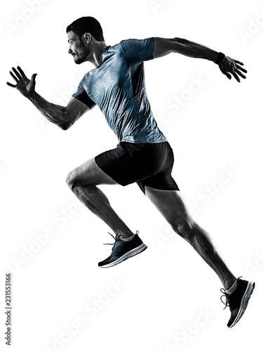 one caucasian man runner jogger running jogging isolated on white background with shadows