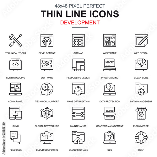 Thin line web design and development icons set for website and mobile site and apps. Contains such Icons as Software, Programming. 48x48 Pixel Perfect. Linear pictogram pack. Vector illustration.