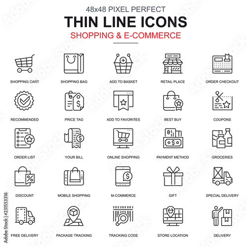 Thin line online shopping and e-commerce icons set for website and mobile site and apps. Contains such Icons as Basket, Delivery, Tag. 48x48 Pixel Perfect. Linear pictogram pack. Vector illustration.