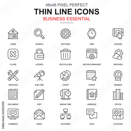 Thin line business essential, communication and office icons set for website and mobile site apps. Contains such Icons as Chart, Award. 48x48 Pixel Perfect. Linear pictogram pack. Vector illustration.