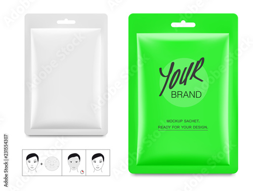 Set of package sachet with cosmetic mask. Vector illustration isolated on white background. Can be used for medical, cosmetic and hygiene. EPS10.