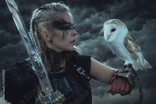 beautiful white owl, Viking blonde woman with shield and sword, braids in her hair.