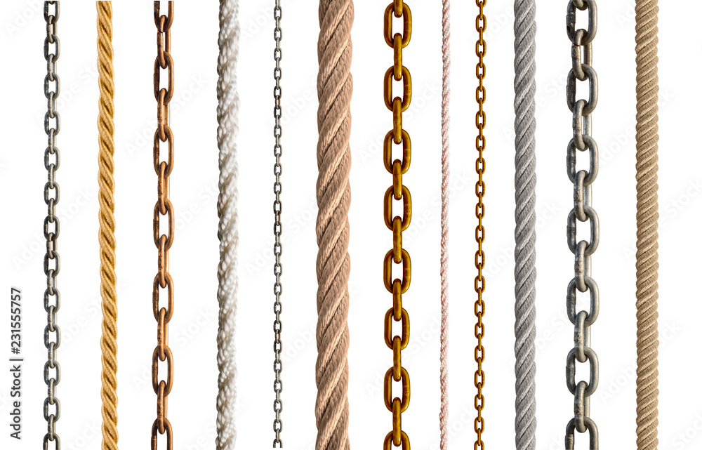 collection of various rope and chain on white collection of various rope and chain on white