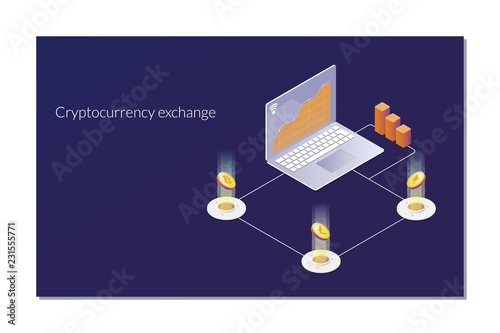 Cryptocurrency exchange and blockchain isometric composition. Analysts and managers working on crypto start up.