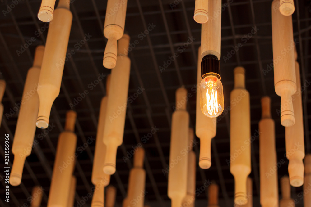 decorated ceiling a lot of rolling pins and light bulb decorated ceiling a lot of rolling pins and light bulb