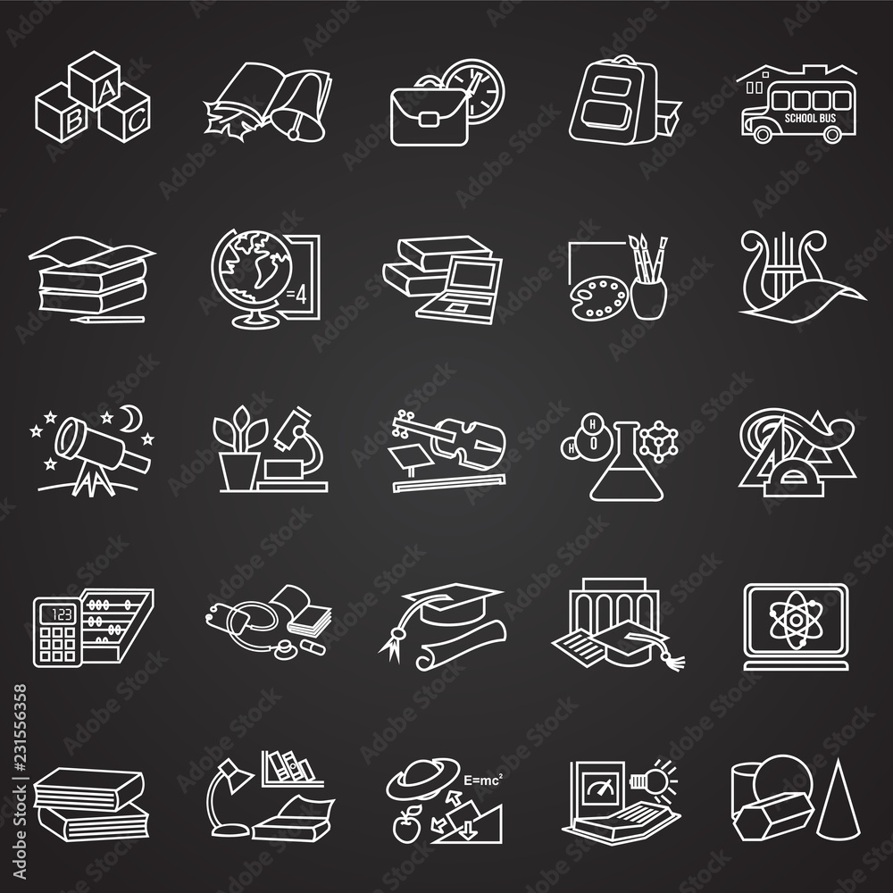 Education and science thin line set on black background icons