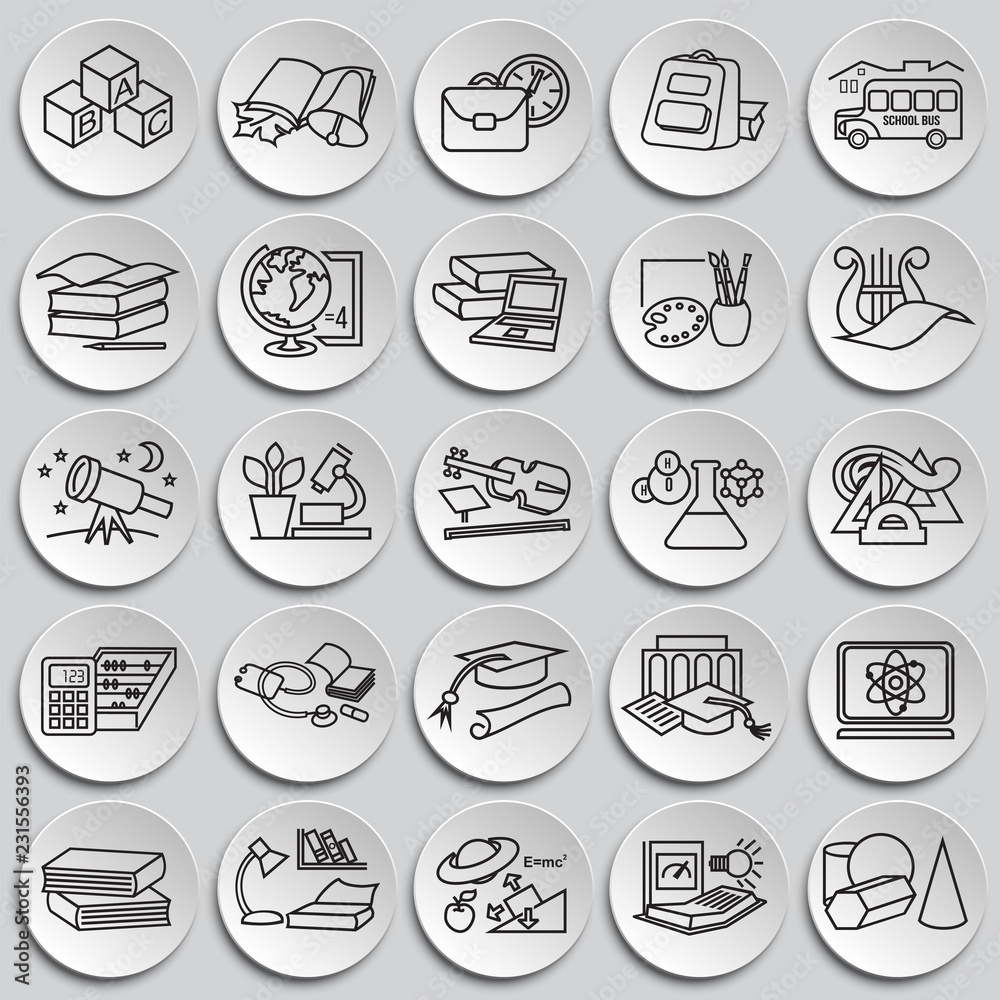 Education and science thin line set on plates background icons
