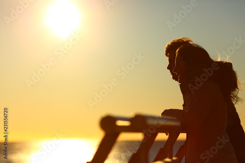Silhouette of a couple looking at horizon at sunset