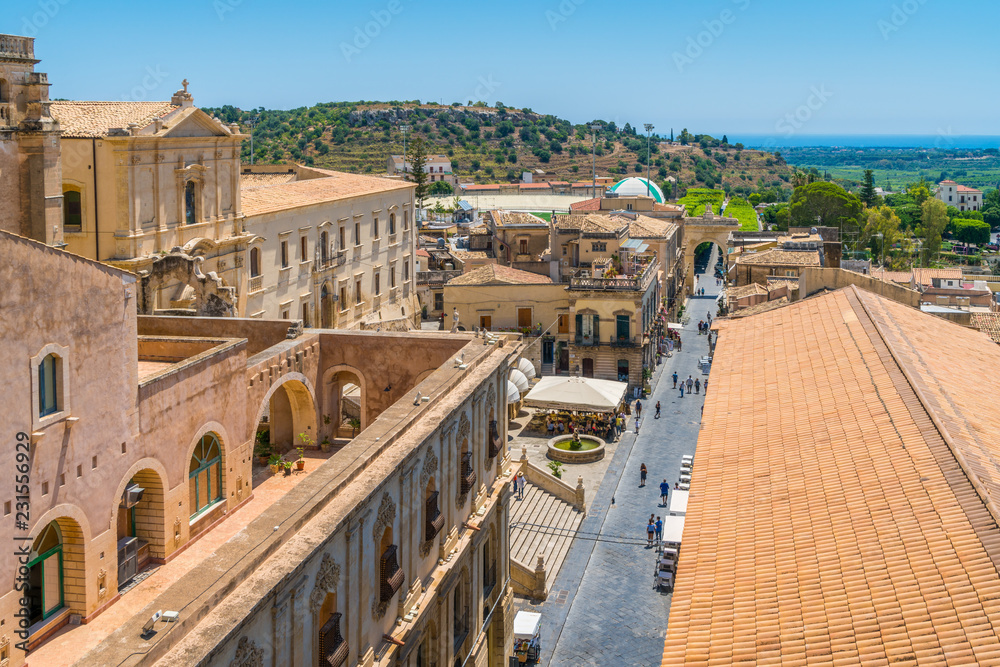 Panoramic view in Noto, with the sea in background. Province of Siracusa, Sicily, Italy.