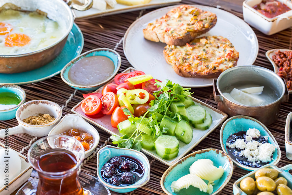 Traditional Delicious Turkish breakfast. Travel concept photo. Traditional Delicious Turkish breakfast. Travel concept photo.