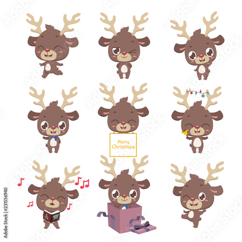 Collection of cute little reindeer mascot poses