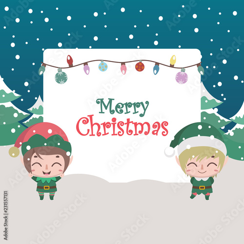 Christmas scene greeting with cute elves and text