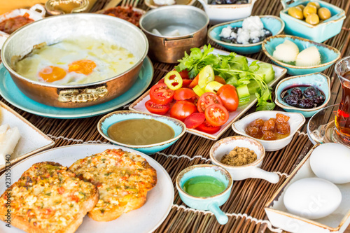 Traditional Delicious Turkish breakfast. Travel concept photo.