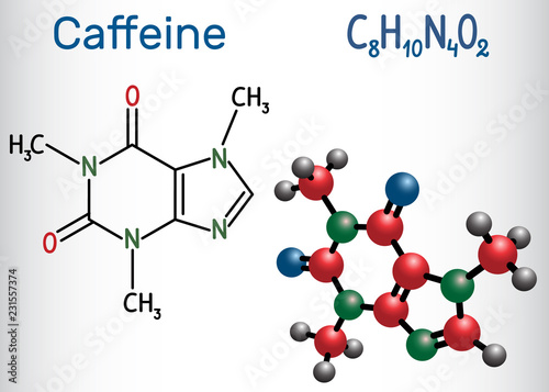Caffeine molecule. Structural chemical formula and molecule model