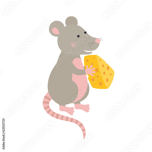 Cartoon hand-drawn character mouse with a piece of cheese
