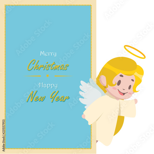 Happy angel peeking out from behind a festive greeting