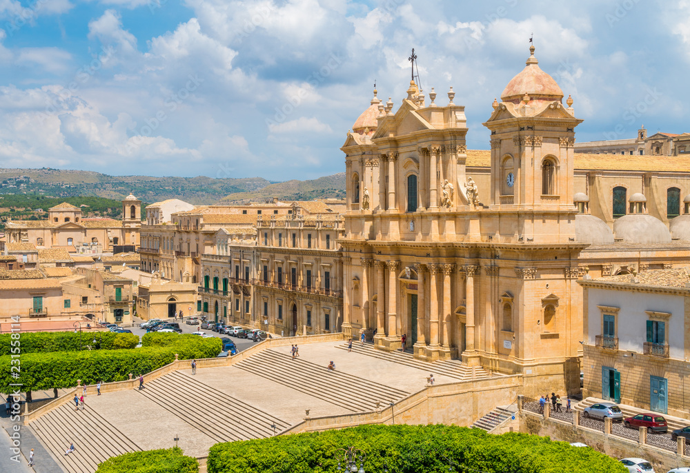 Scenic sight in Noto with the Cathedral (Basilica Minore). Province of Syracuse, Sicily, Italy.