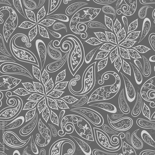 Abstract vintage pattern with decorative flowers, leaves and Paisley pattern in Oriental style.