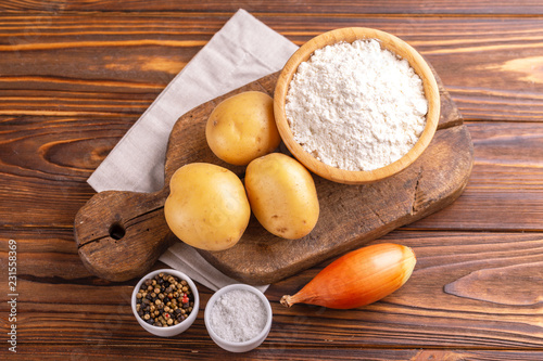 Ingredients for traditional potato pancakes or latke Hanukkah celebration