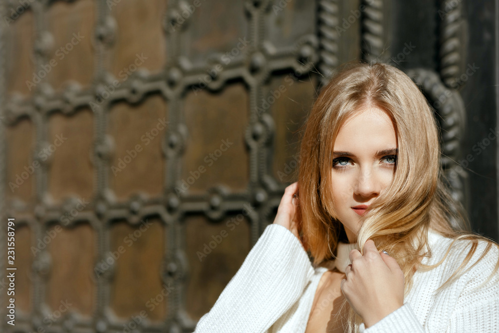 Fototapeta premium Closeup portrait of beautiful model with natural makeup posing near metal wrought door. Space for text