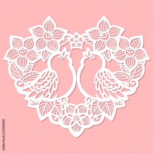 laser cutting template. Heart of flowers with birds. For design, invitations, cards, menu, interior details. Vector