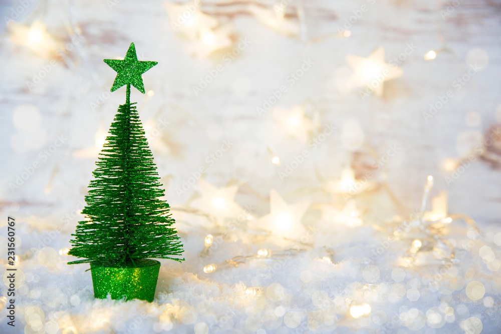 Green Christmas Tree, Fairy Lights, Snow, Star