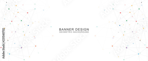 Vector banner design. Geometric abstract background with connected dots and lines. Molecular structure and communication. Digital technology background and network connection.