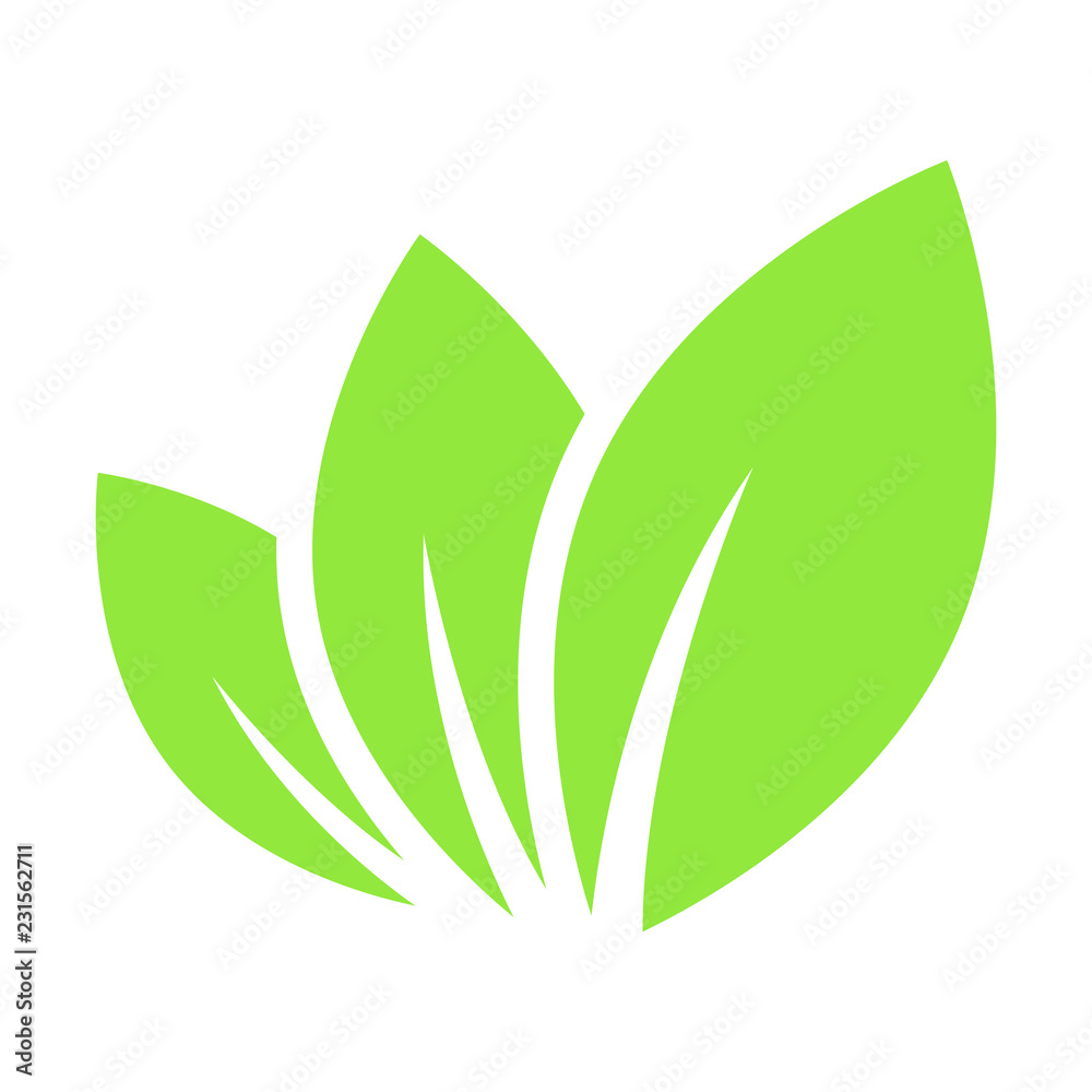 Simple, flat, green leaf icon. Three leaves logo. Minimalist design
